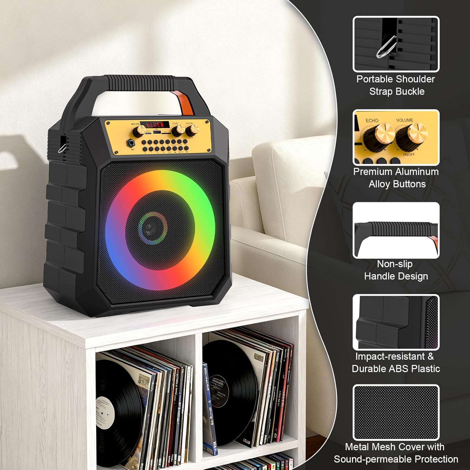 Portable Karaoke Machine for Adults Coaxial Speaker with 2 Wireless Microphones,Bluetooth PA System with 5 Dynamic LED Lights Mode,Supports TF/SD/USB,AUX,FM,REC for Home Party (171-black)