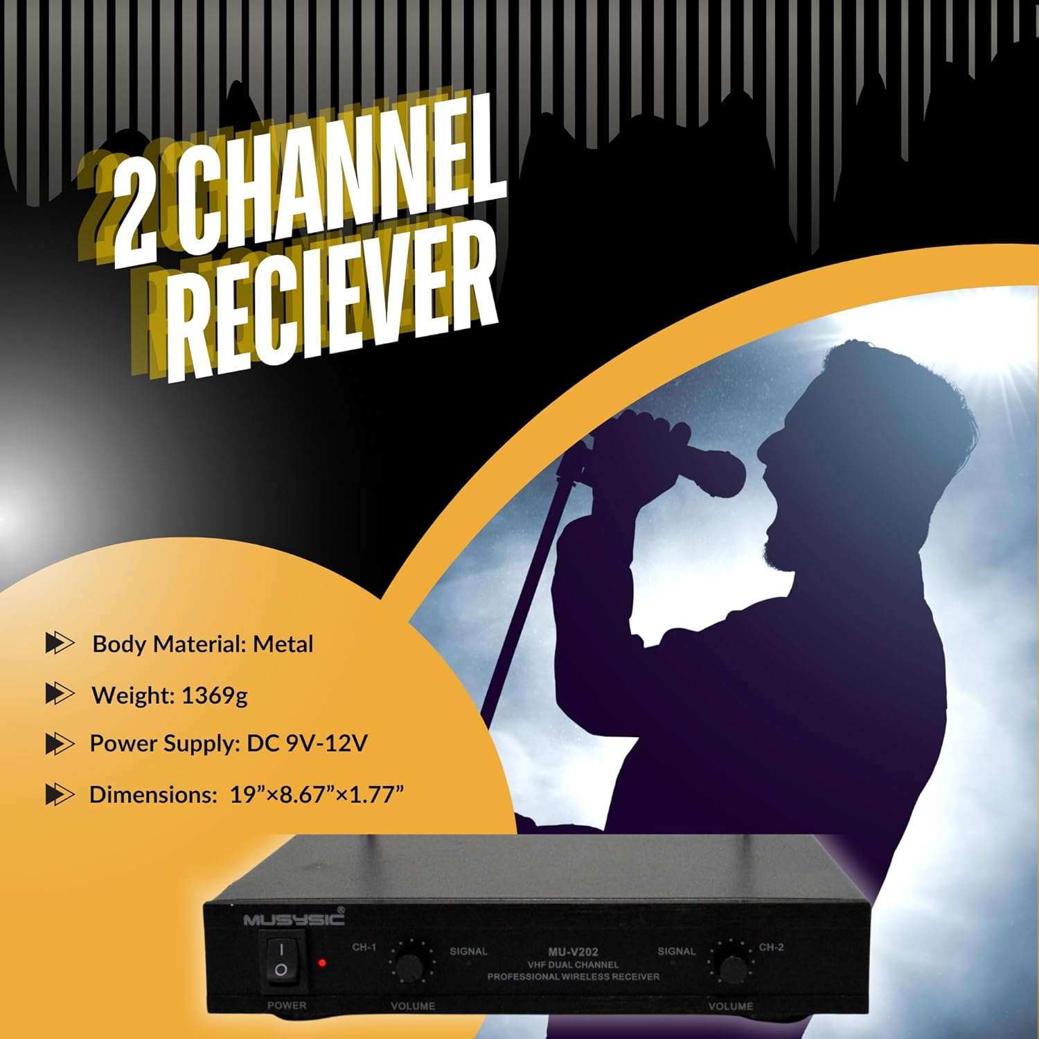 MUSYSIC 2-Channel Professional Wireless VHF Microphone System with Handheld & Lapel/Lavalier Headset for Church, Party, Meetings, Conference, Karaoke