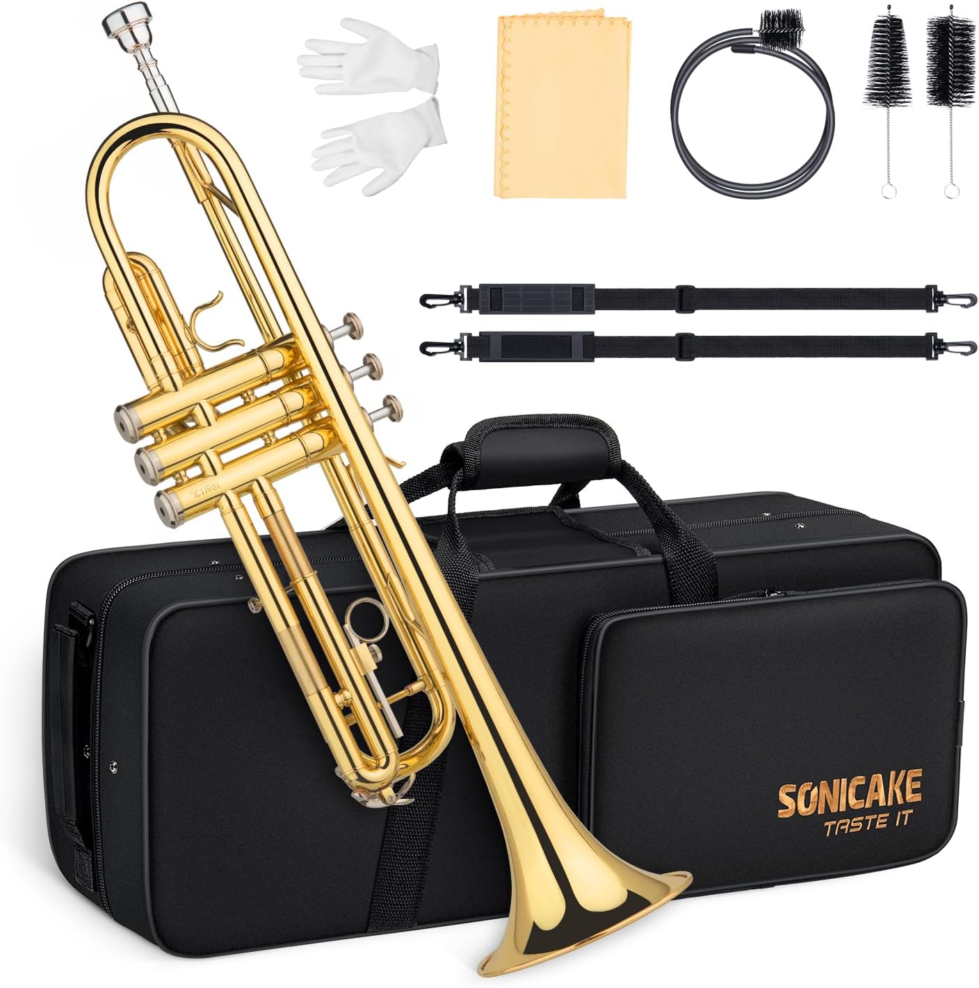 SONICAKE Bb Standard Trumpet, Student Trumpet Set for Beginner, Brass Trumpet Instrument with Hard Case, Cleaning Kit, 7C Mouthpiece and Gloves, Ideal Gift for School Band Orchestra, QTP-01, Golden