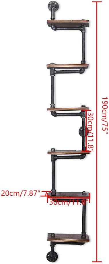 Floating Shelves Wall Mounted,Industrial Floating Shelves Wall Mount Pipe Shelves Wood 6 Tiers Ladder Bookshelf,Natural Wood Shelves for Wall, for Living Room,Bedroom, Kitchen, Office