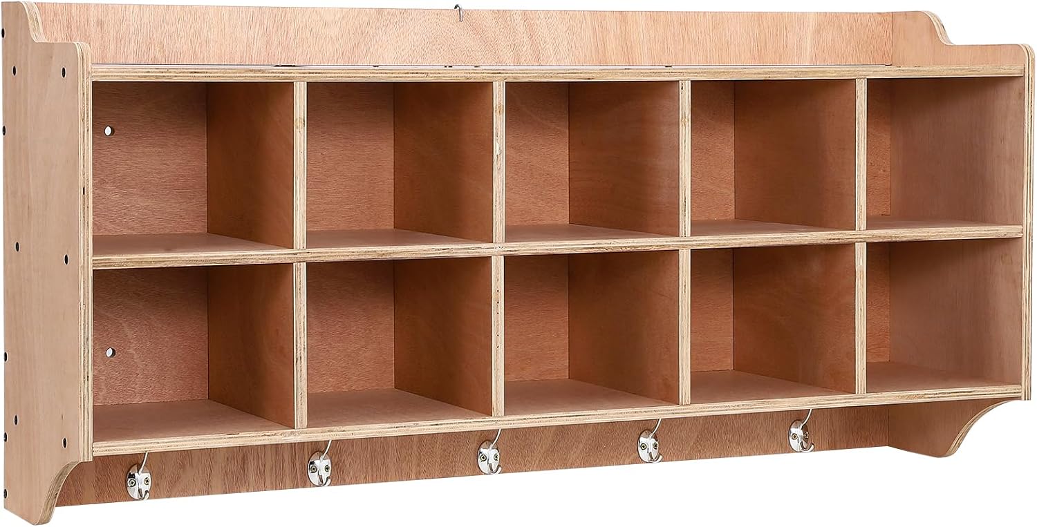Cubby Storage Organizer Cubes, Daycare Shelves with 10 Cubbies Shoe Layer with Hooks and Shelf, Hanging Wall Mount, Furniture for Kids Toys, Classroom, 47Inch Width