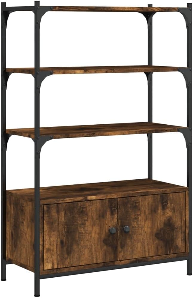 3-Tier Bookcase, Smoked Oak Engineered Wood, Metal Frame, 11.8x27.6x43.1 Inch, Adjustable Shelves, Industrial Display Cabinet for Living Room, Office Storage