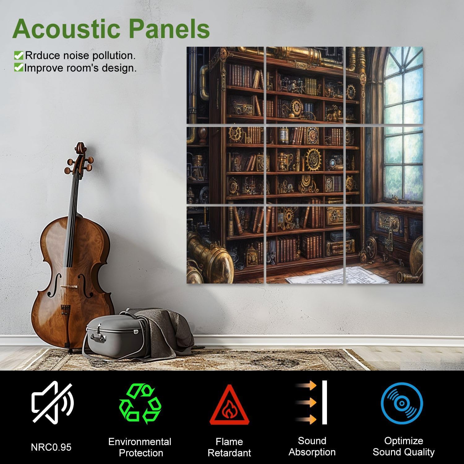 Art Acoustic Panels Self Adhesive Vintage Liry Bookshelf Brass Gears Mechanical Books 9 Packs Decorative Soundproof Wall Panels Large Sound Absorbing Panels for Home Office 60
