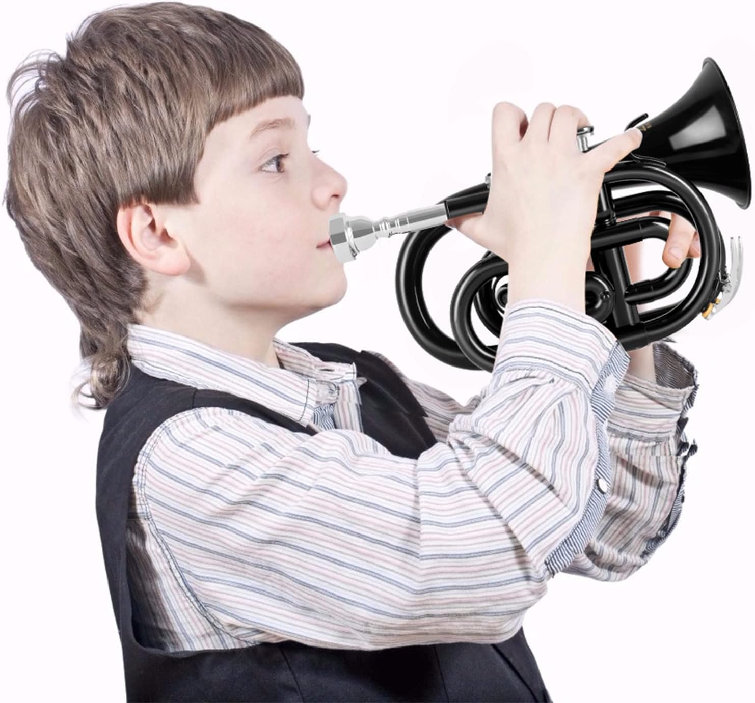 EASTROCK Pocket Trumpet Brass Bb Trumpet with 7C Mouthpiece, Hard Case, Strap, Gloves, Cleaning Kit for Students and Beginners(Black)