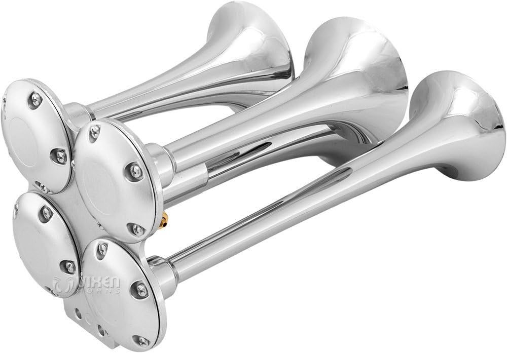 Vixen Horns Train Horn for Truck/Car. 4 Air Horn Chrome Plated Trumpets. Super Loud dB. Fits 12v Vehicles like Semi/Pickup/Jeep/RV/SUV VXH4114