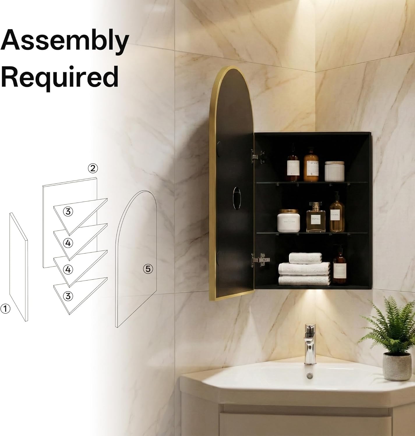 LED Corner Medicine Cabinet with Mirror, One-Touch Defogger, Arched Wall Mount Corner Bathroom Mirrored Cabinets 15.7