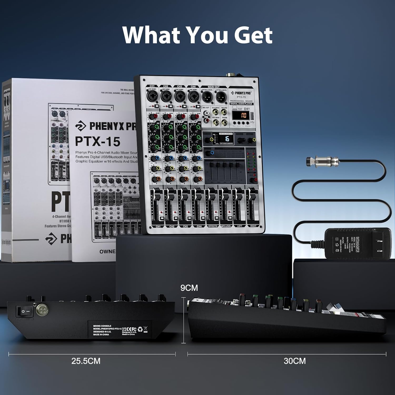 Professional Audio Mixer, Phenyx Pro Sound Console w/USB Audio Interface, 4-Channel Sound board DJ Mixer w/Stereo Equalizer, 16 DSP Effects, suitable for Stage, Live Gigs, and Karaoke (PTX-15)