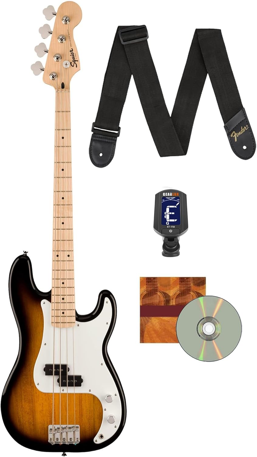 Fender Squier Sonic Precision Bass Guitar, Maple Fingerboard - 2 Color Sunburst Bundle with Tuner, Strap, and Austin Bazaar Instructional DVD