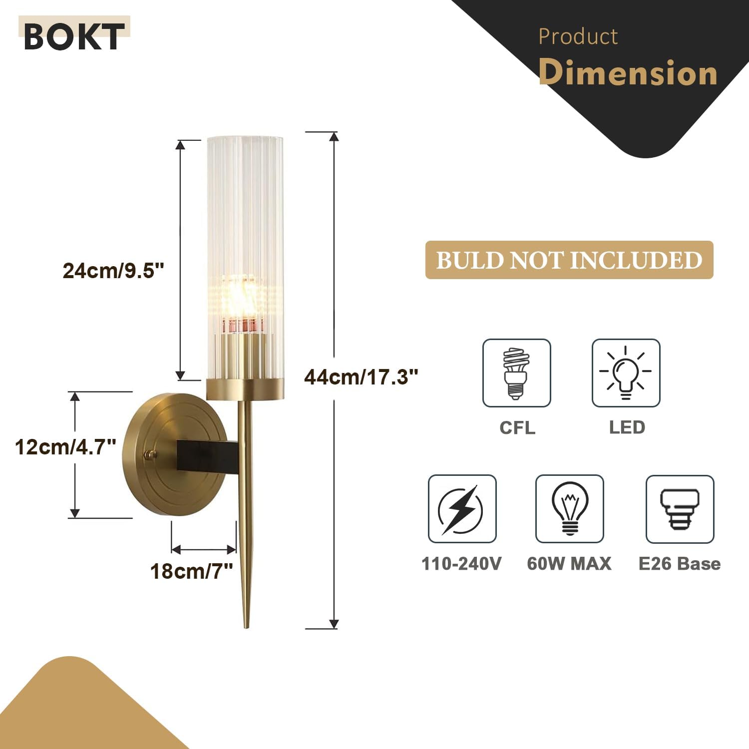 BOKT Mid-Century Modern Gold Wall Light Cylinder Glass Wall Sconce Anti Brushed Brass Long Wall Sconce Light Vintage Bathroom Globe Wall Mount Light Bar Wall Lamp