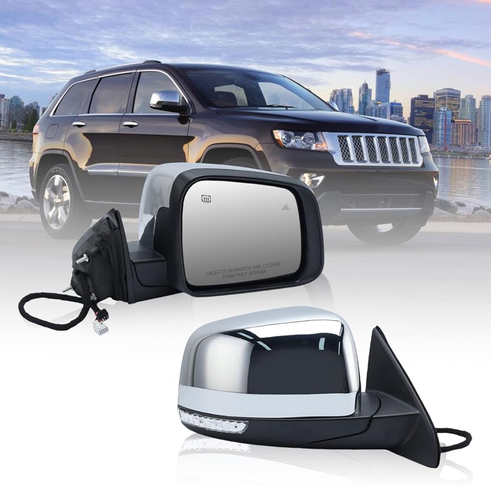 Passenger Side Mirror Compatible with 2011-2021 Jeep Grand Cherokee,2022 Jeep Grand Cherokee WK Mirrors with Heated,Power Folding,Blind Spot Detection,Turn Signal Light 13Pins,Chrome