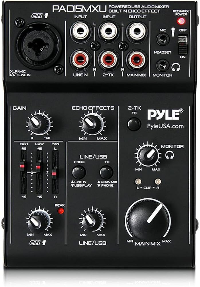 Pyle 3 Channel DJ Controller - USB Mixer Sound Audio Recording Interface with XLR & 3.5 mm Microphone Jack, Line In RCA, Rechargeable Battery, Mix Monitoring, For Professional/ Beginners - PAD15MXU
