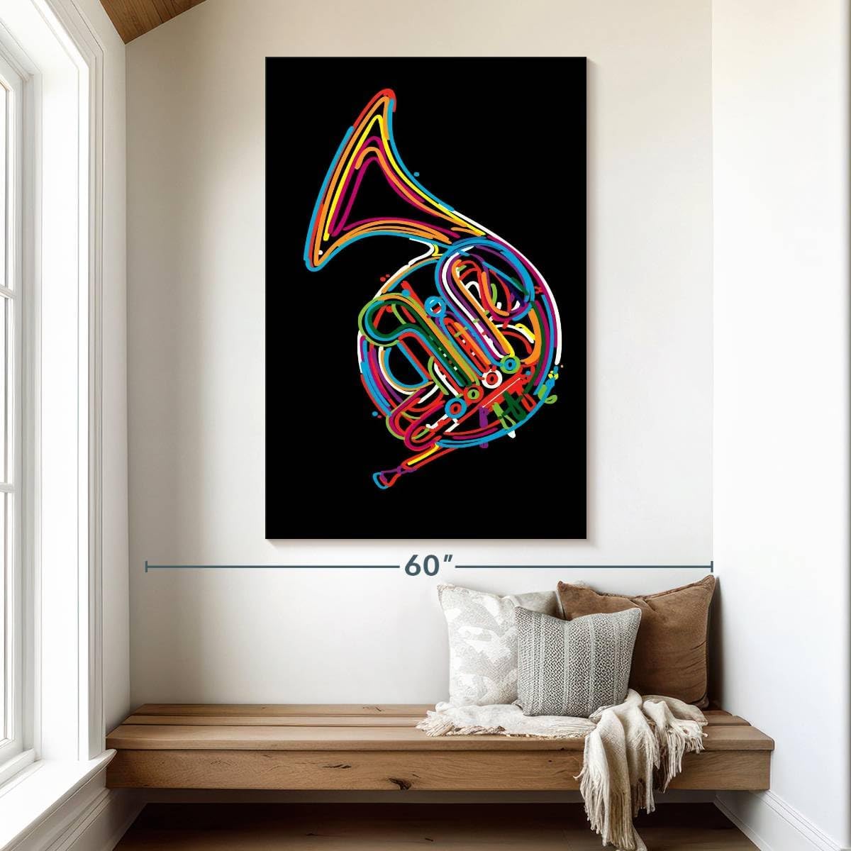 ElephantStock - French Horn In Colors Wall Art - Vertical Canvas Wall Art - Living Room Wall Decor - Digital Art Music Canvas Art - Black And Turquoise Decor - 34