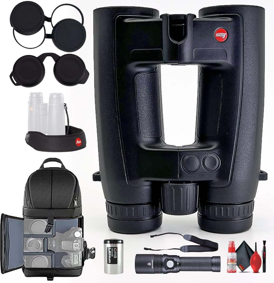 Leica 8x42 Geovid 3200.COM Rangefinder Binocular (40806) with Deluxe Padded Backpack + Flashlight + Neck Strap + Lens Cap Keeper + Cleaning Kit