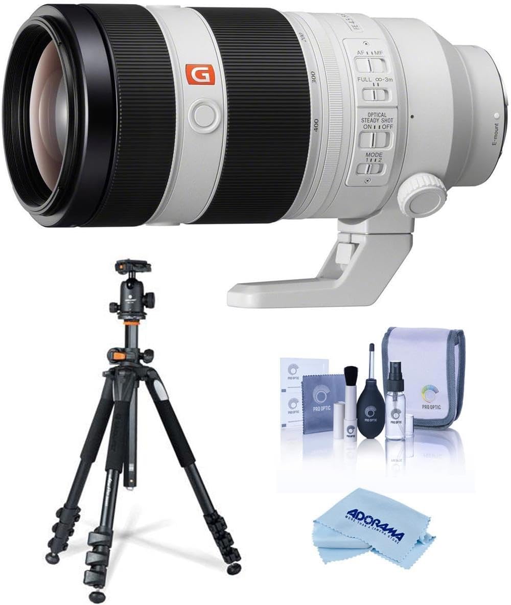 Sony FE 100-400mm f/4.5-5.6 GM OSS Lens for Sony E, Bundle with Takama 3-Section Aluminum Video Tripod with Fluid Head, Cleaning Kit, Cleaning Cloth