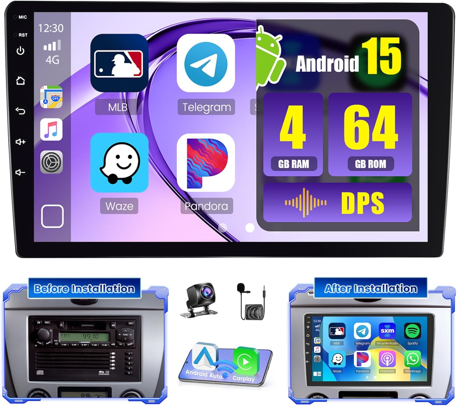 [DSP 4+64G] Hikity Android 15 Car Stereo Double Din Radio, 9 Inch 1280P IPS Touch Screen Radio Wireless Carplay Android Auto Car Radio FM/RDS/32EQ Bluetooth GPS WiFi SWC+Mic, AHD Backup Cam