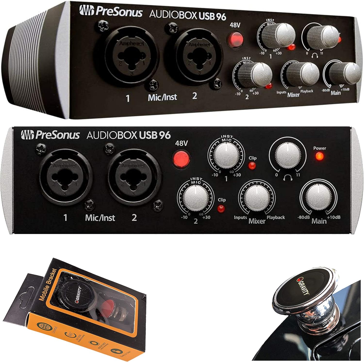 PreSonus AudioBox USB 96 Digital Audio Interface (Black) 96 kHz converters with USB Bus-Powered interface's Two Class A MIC/LINE/Instruments Preamps with Gravity Phone Holder Bundle