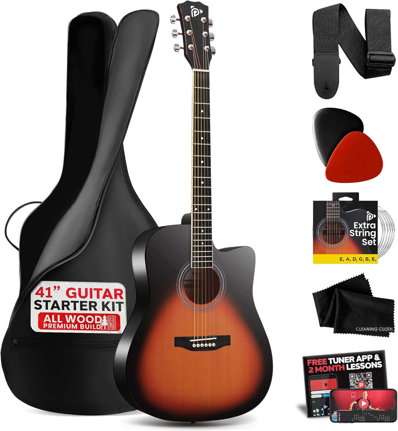 Pyle Steel String Acoustic Guitar Kit, 4/4 Full Size Cutaway All-Wood Guitarra Acustica with Premium Accessory Set and Upgraded Gig Bag, 41