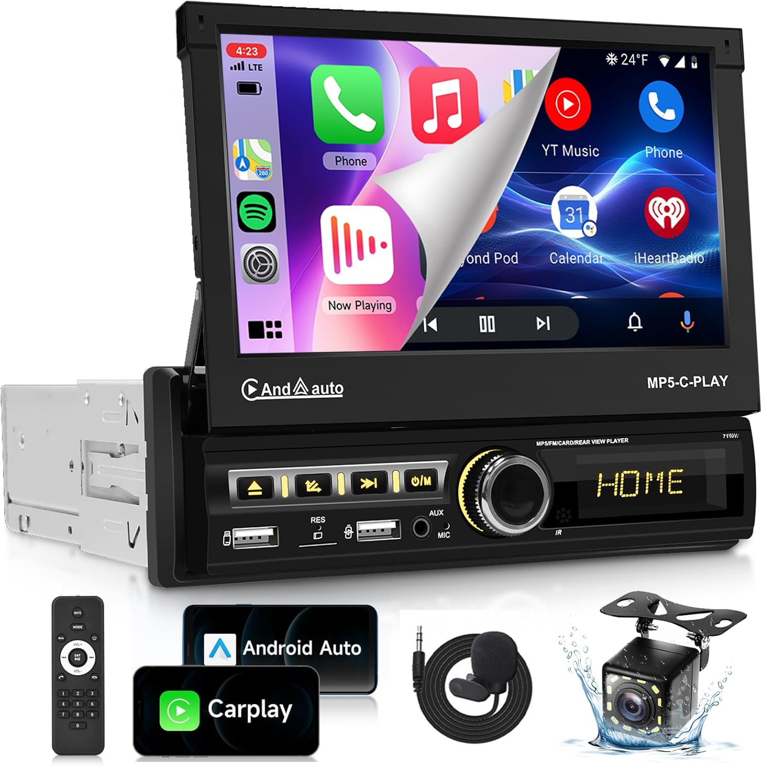 [Motorized] Single Din Touchscreen Car Stereo with Wireless Carplay Android Auto 7inch IPS Flip Out Touchscreen EQ Online Video Bluetooth FM/RDS WiFi MirrorLink HD Backup Camera/USB/AUX/U Disk