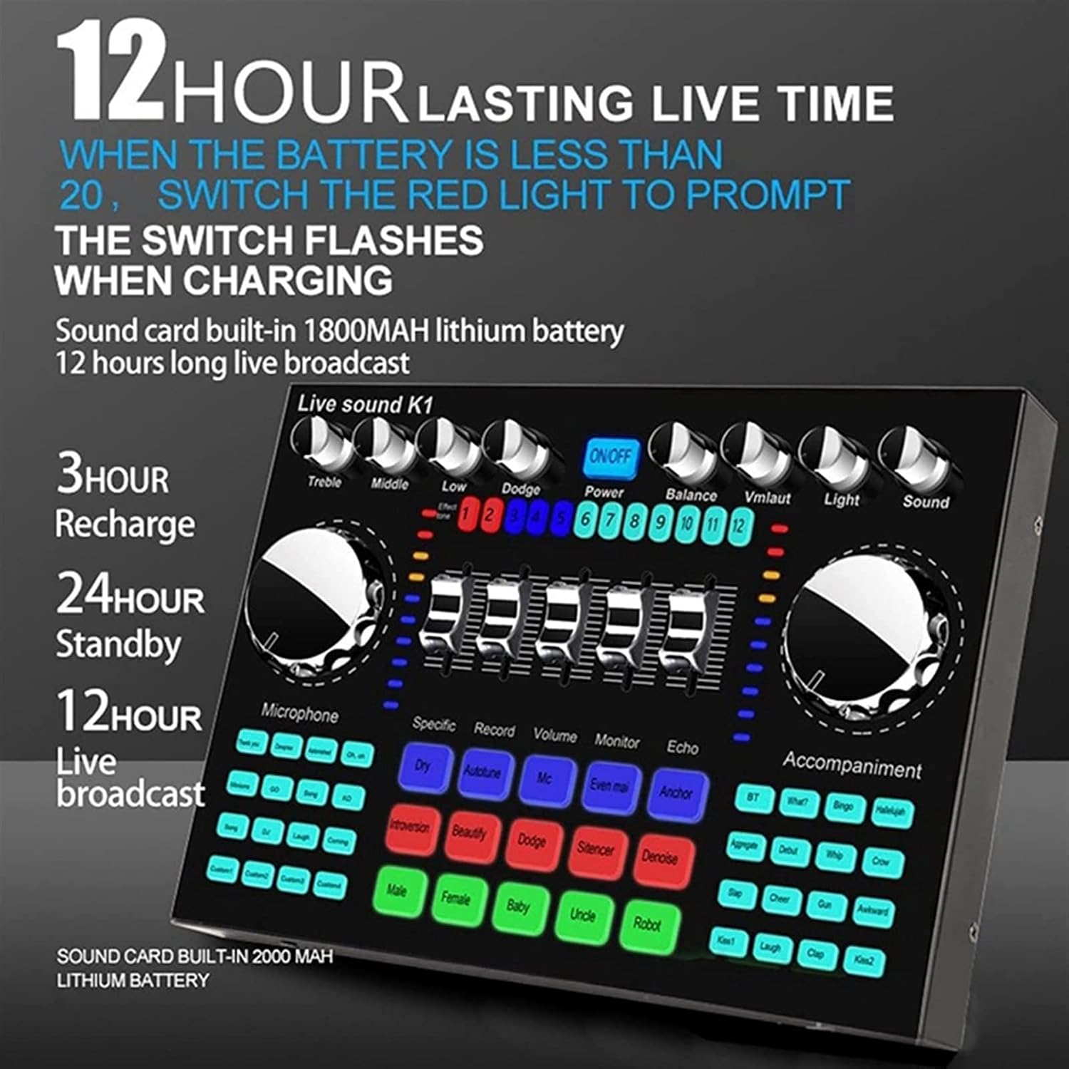 Professional Audio Mixer,K1 Live Sound Card Portable Bluetooth Sound Card Profession Adjustable Volume Audio For Music Recording Karaoke Singing