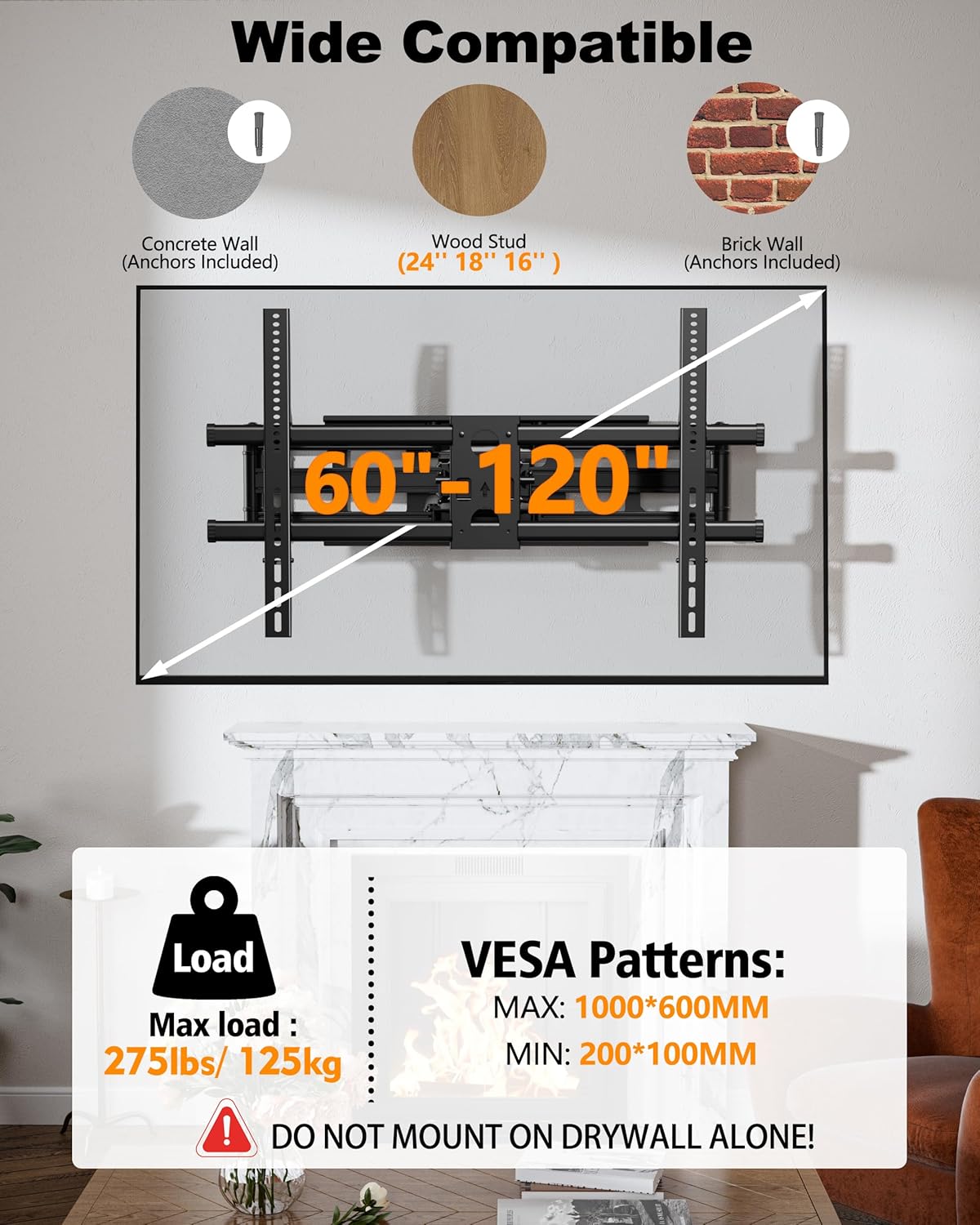 FORGING MOUNT Heavy Duty 60 to 120 inch XXXL Full Motion TV Wall Mount Max VESA1000x600mm Up to 275lbs for Extra Large Big Screens,Universal Articulating TV Mount Bracket Swivel Tilt,16-24” Studs