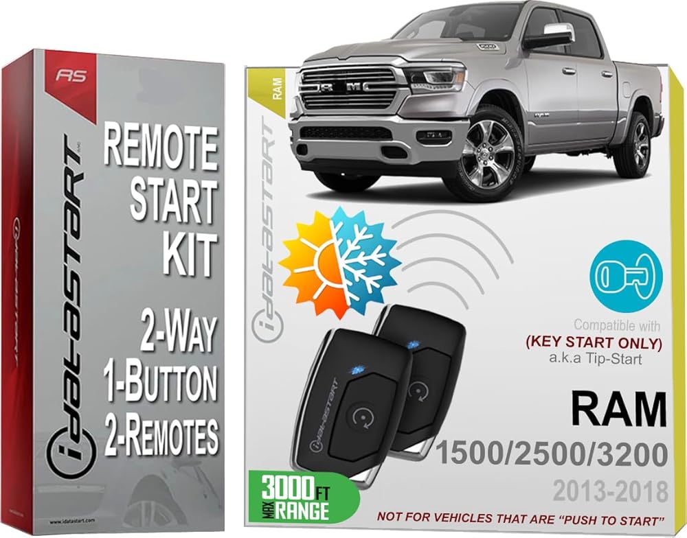 iDatastart 3000FT Range Remote Starter Kit for RAM Pickup Trucks 1500/2500/3500 (2013-2018) | 🗹 Key-Start Ignition Models (2-Way, 1-Button)