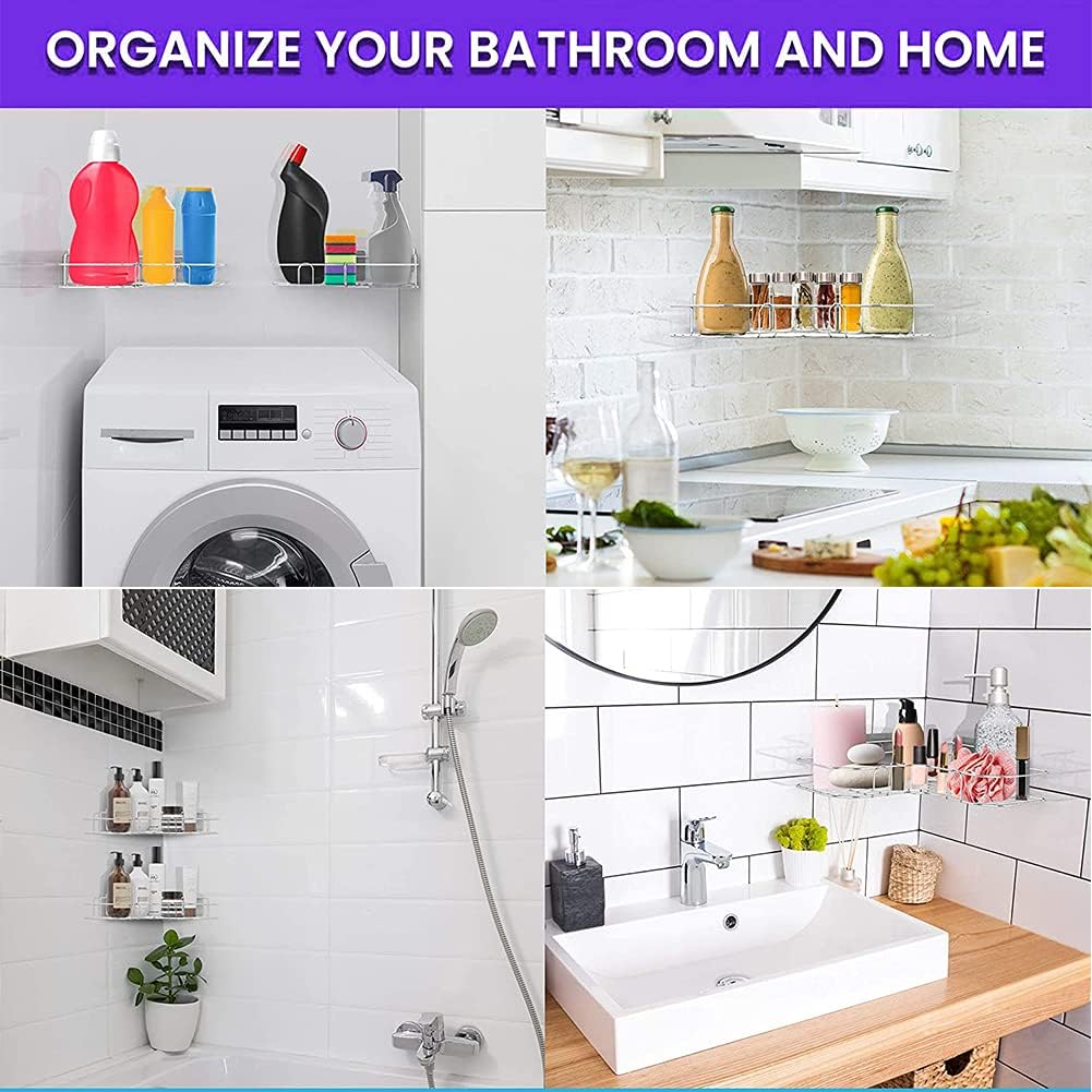Exquisite Bathroom Shelves Adhesive Shower Organizer, Corner Shelf Wall Mount Bathroom with Hooks, Drill-Free Shower Caddy Basket, Stainless Steel Shampoo Holder Rack, Rustproof&Waterproof