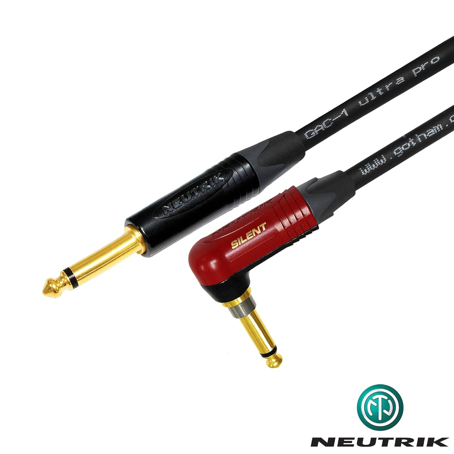 WORLDS BEST CABLES 40 Foot - Gotham GAC-1 Ultra Pro - Premium Low-Cap (21 pf/F) Guitar Bass Instrument Cable w/Neutrik Gold Straight to Angled (Silent Plug) ¼ inch (6.35mm) TS Plugs - Custom Made
