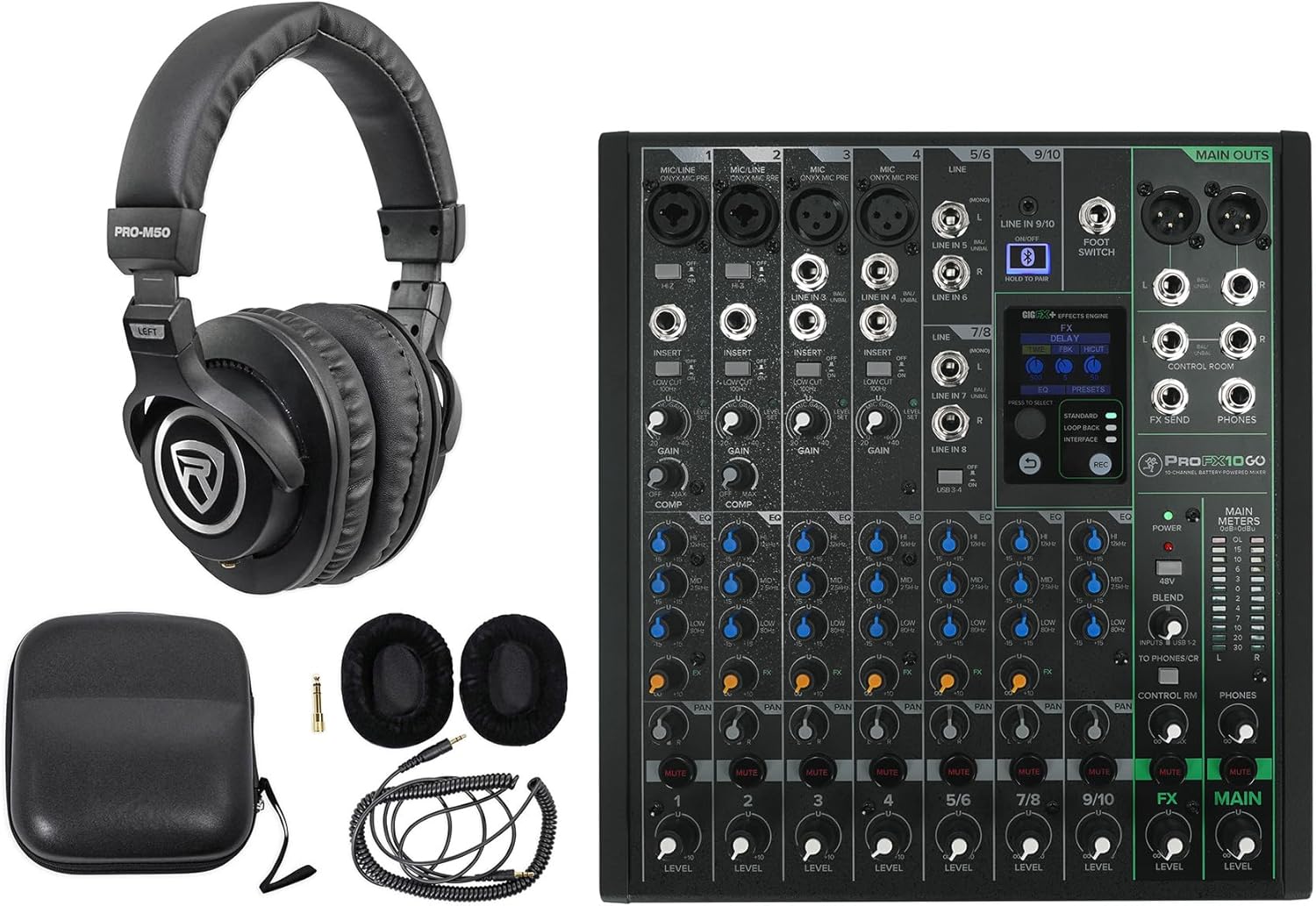 Audiosavings Bundle: Mackie ProFX10GO 10-Channel Battery Powered Analog Mixer w/FX/USB/Bluetooth Bundle with Rockville PRO-M50 Studio Headphones w/Detachable Coil Cable, Case+Extra Ear Pad (2 Items)
