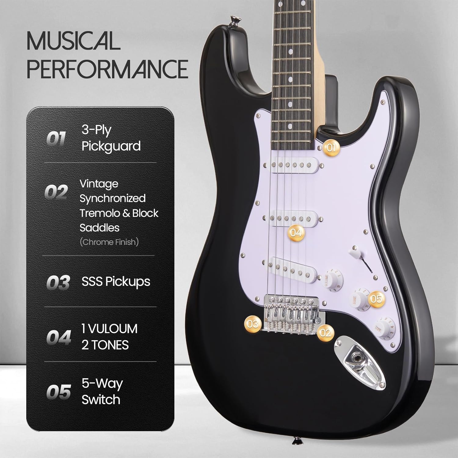 39-Inch Electric Guitar Starter Kit ST Series-Complete starter kit with electric guitar, amp, strap, plectrum, tuner, strings, cable and guitar bag - Suitable for beginners (black)