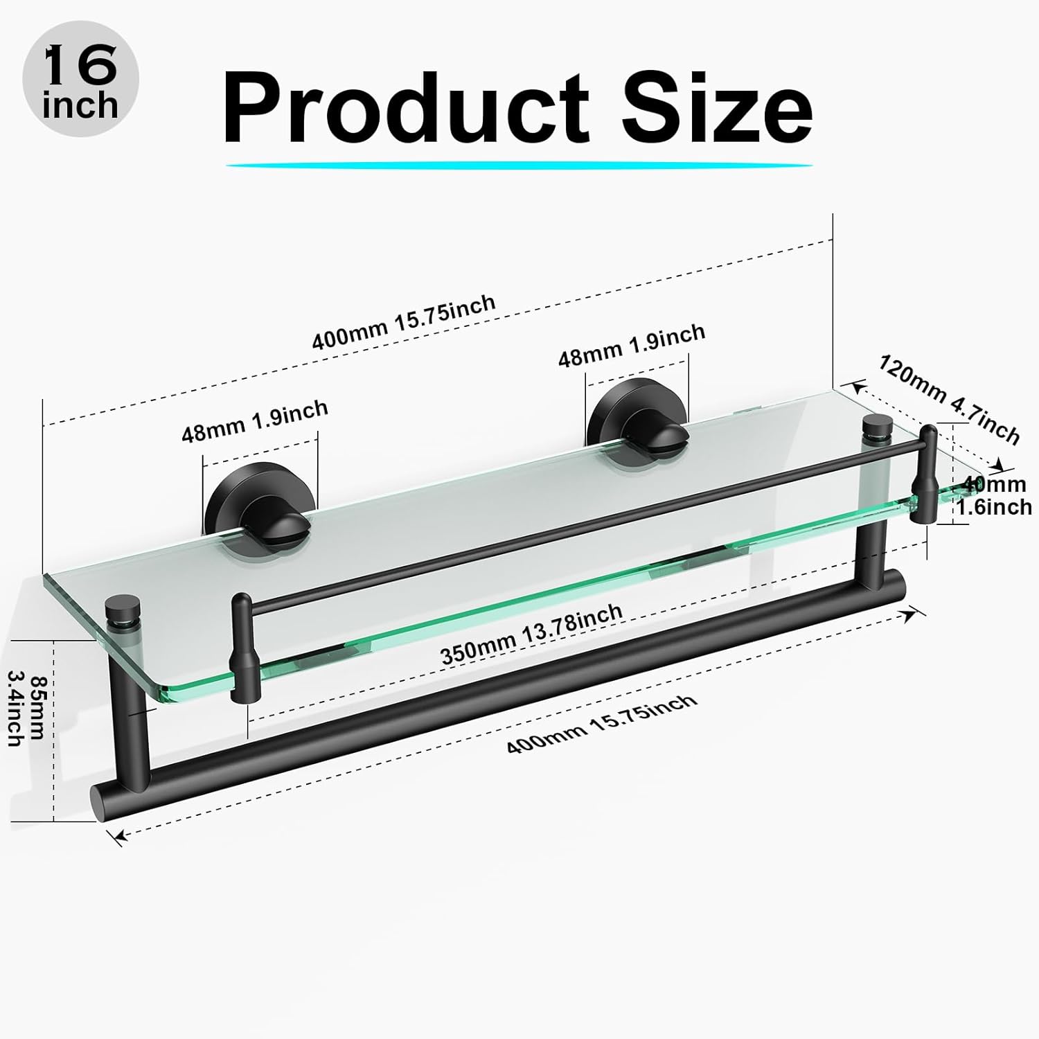 Bathroom Shelf Glass Shelf 2 Pack,16-Inches Floating Glass Shelves Towel Bar/Track(Matte Black)