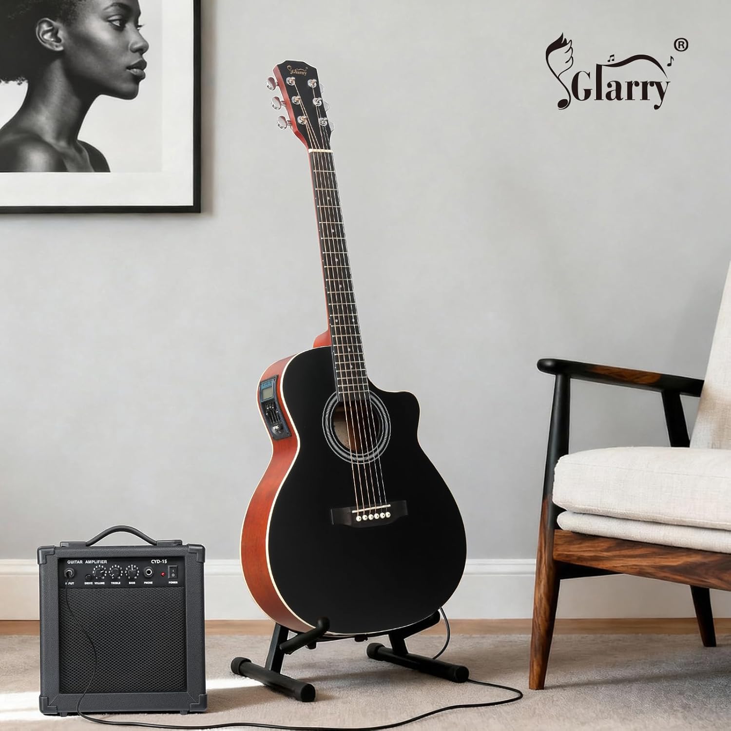GLARRY 36in Acoustic Electric Guitar Beginner Kit with 15W Amp, 5-band EQ Dreadnought Design 6 Strings Electric Acoustic Guitar with Bag, Strap, Picks, Strings, Wrench (Black)