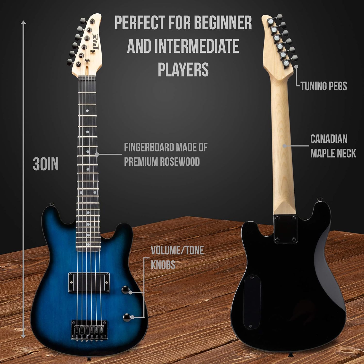 LyxPro 30 Inch Electric Guitar and Starter Kit for Kids with 3/4 Size Beginner’s Guitar, Amp, Six Strings, Two Picks, Shoulder Strap, Digital Clip On Tuner, Guitar Cable and Soft Case Gig Bag - Blue