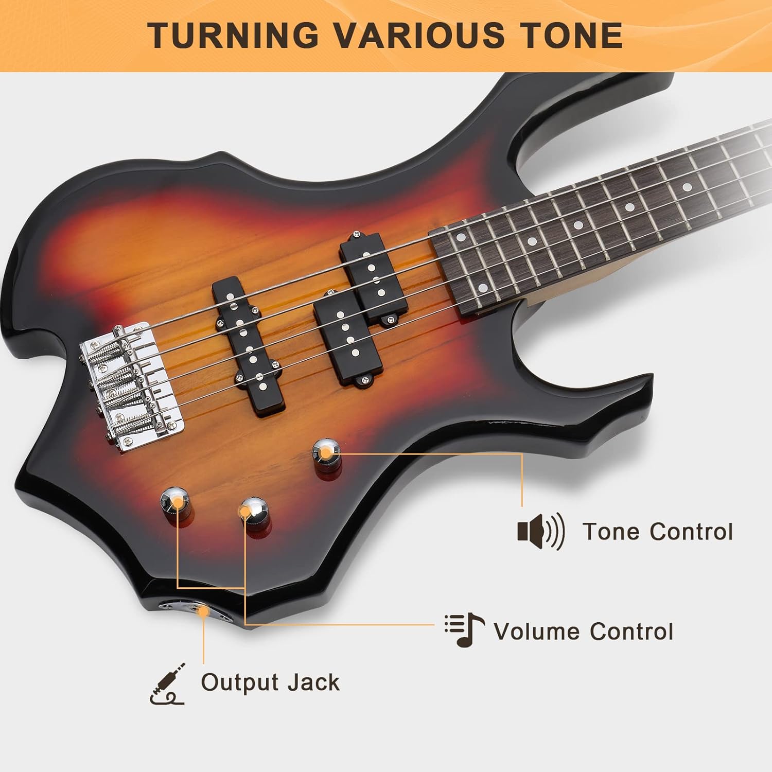 GLARRY Electric Bass Guitar 4 Strings Buring Fire Style Single Coil - Split Single Coil Pickups for Beginner Adults Right Hand w/ 20W Amp, Bag, Strap and Cord (Sunset)