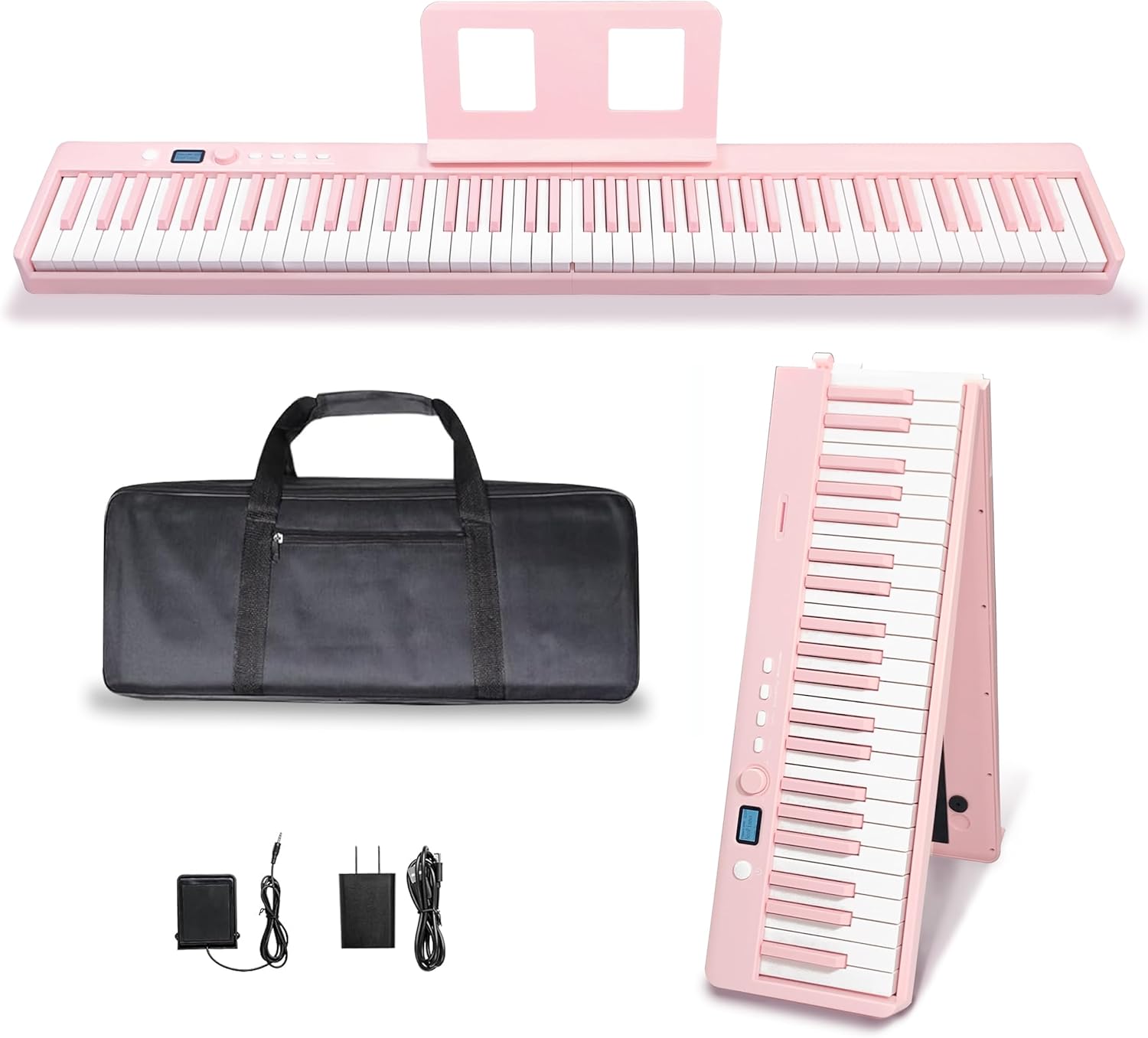 88 Key Foldable Electronic Piano can be folded in 180°,more portable. True and Pure Grand Piano Sound Source by France DREAM, Foot Pedal/Power adapter/Delicate Handbag (pink)