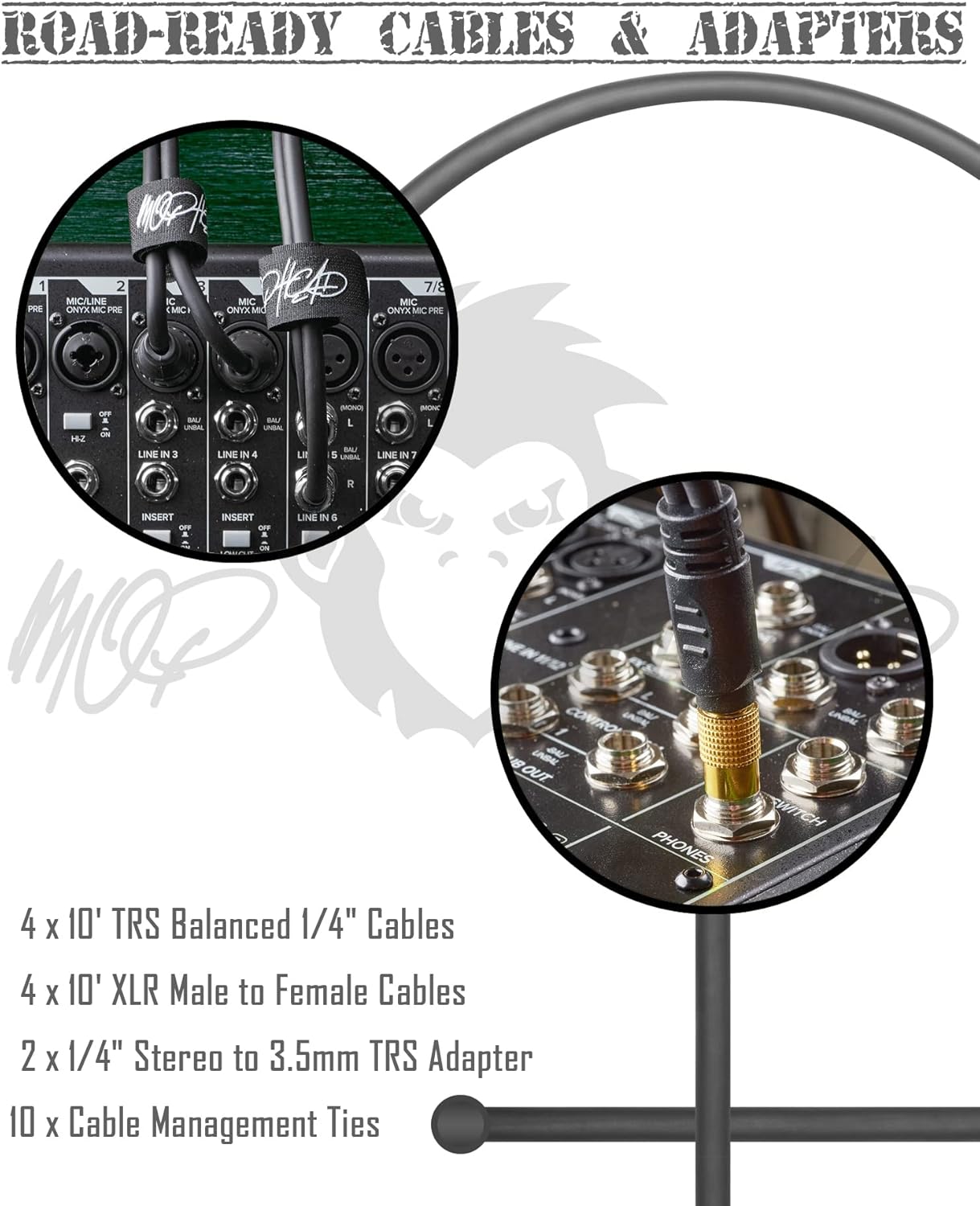 Mackie ProFX22v3 22-Channel Unpowered Mixer USB Bundle with Waveform OEM DAW, 4x Mophead 10-Foot TRS Cable, 4x 10-Foot XLR Cable, 2x 1/4