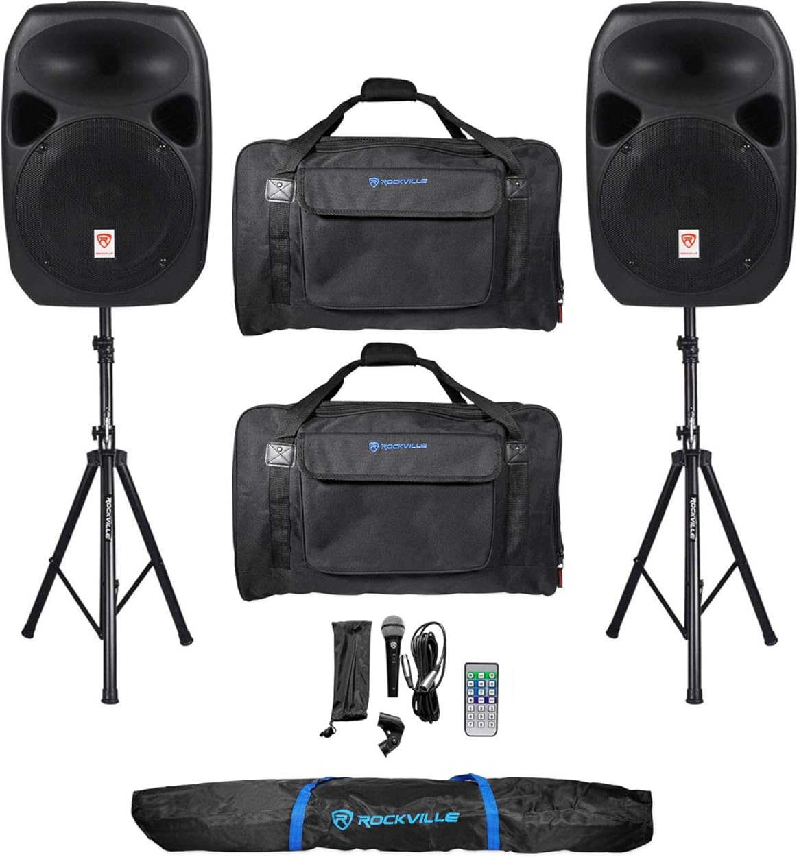 Rockville RPG122K Bundle: Dual 12-in Powered Bluetooth Speakers with Mic, Stands, and Cables, (2) TB12 v2 Padded Speaker Bags, RVSS2 Bag Tripod Stand Carry Bag for DJs, Parties, and Events, 4-Items