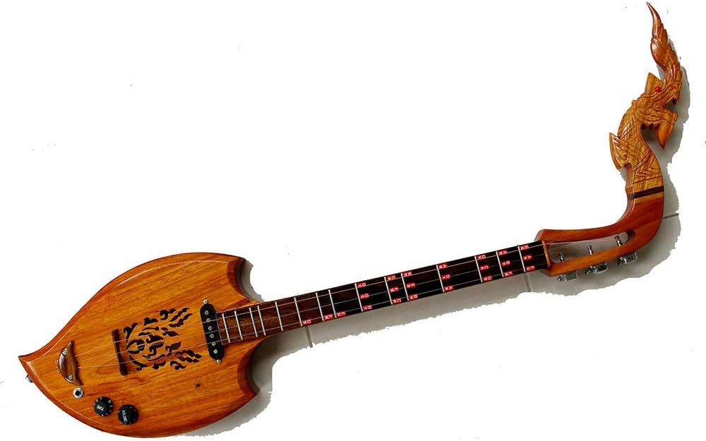 Isarn Acoustic Electric Phin 3 Strings, Thai Lao Asian Guitar Folk Musical Instrument, Traditional Thailand Musical Pin60