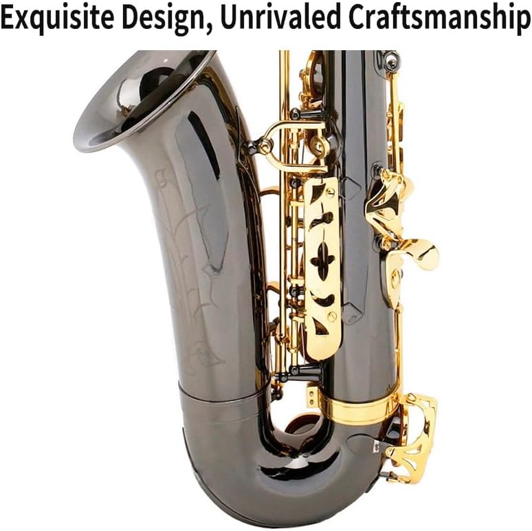 Mendini By Cecilio Tenor Saxophone - B Flat Black Golden Lacquer Saxophone for Beginner Musicians with Hard Case, Tuner, Mouthpiece, 10 Reeds, Polishing Cloth, Cleaning Rod, Gloves, Strap