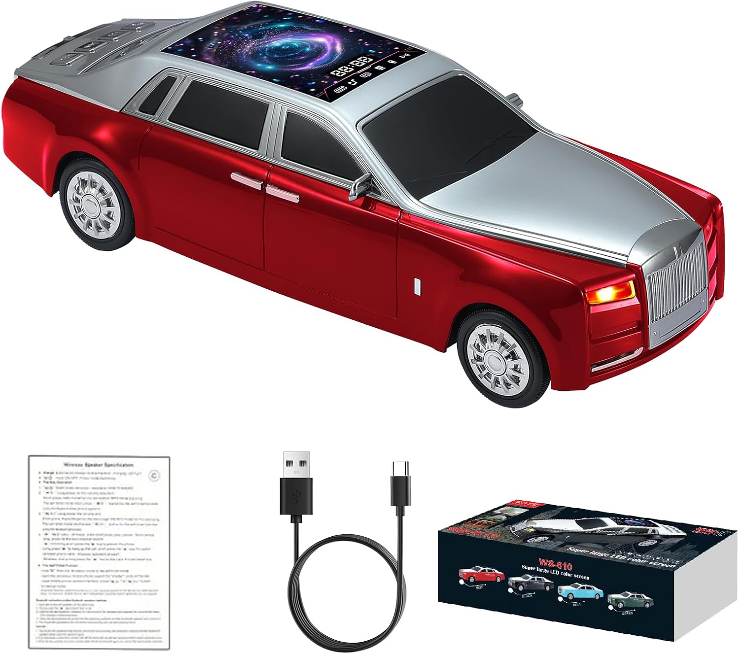 Car Model Bluetooth Replica Speakers Collection – Portable Wireless Speakers with HD Sound, LED Party Lights, FM Radio, TWS Stereo, Built-in Mic, Awesome Gifts for Friends (WS-610(Screen))