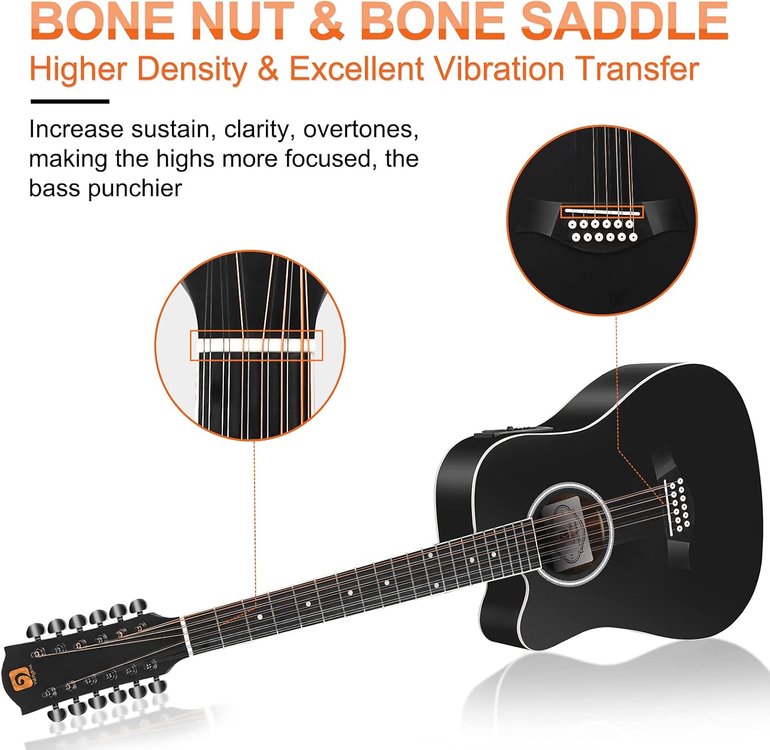 Vangoa LEFT HANDED 12 String Guitar Acoustic electric Cutaway 42 Inch Full Size Dreadnought Spruce Top Sapele Body for Beginners Teens Adults, Black, Matte