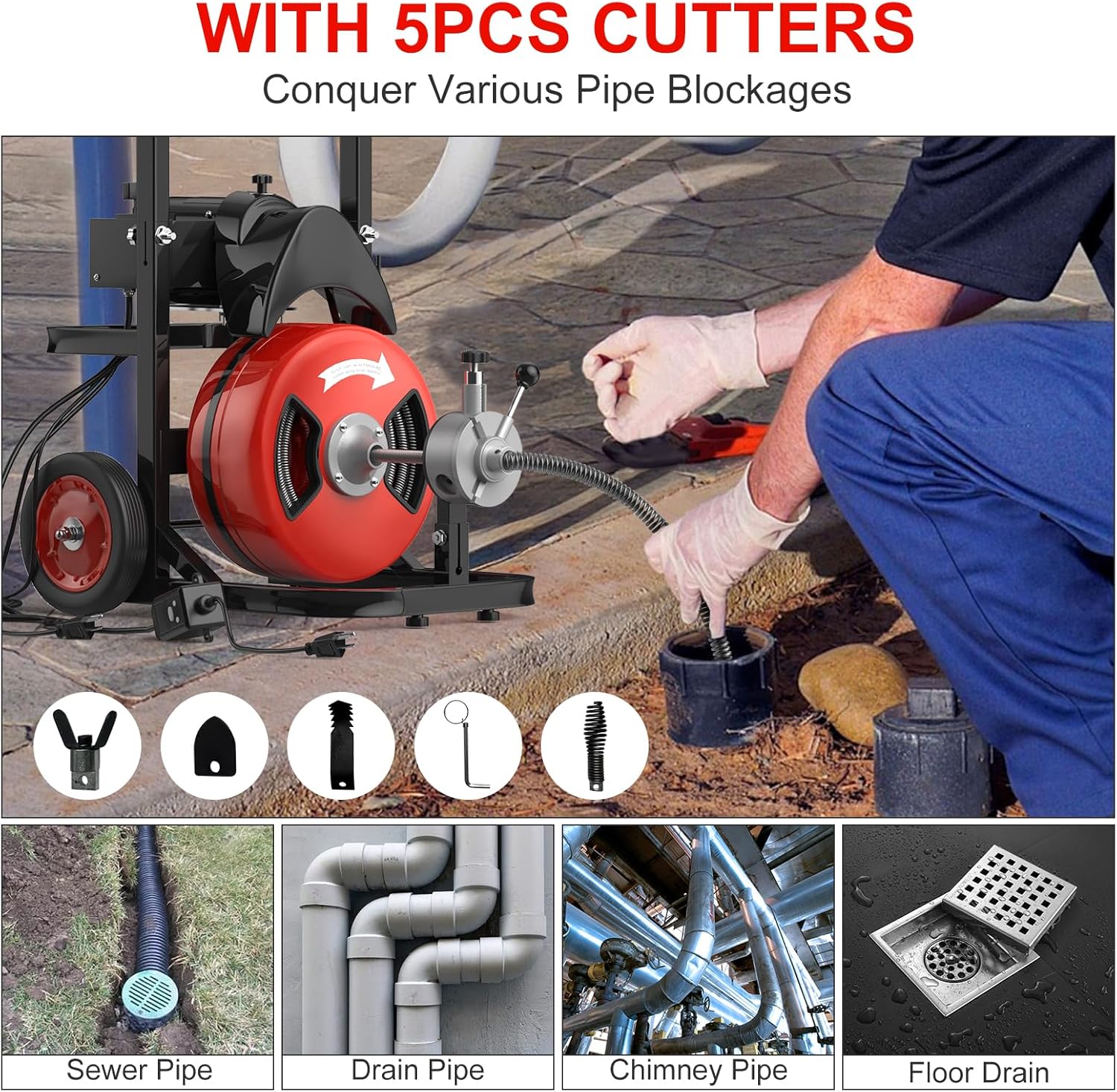 PrecisionAuto Drain Cleaning Machine, 100Ft x 1/2 Inch Drain Cleaning Machine - with 6 Cutters & Air Foot Switch, Commercial Electric Drain Cleaner Tool with Wheels, Efficient 2