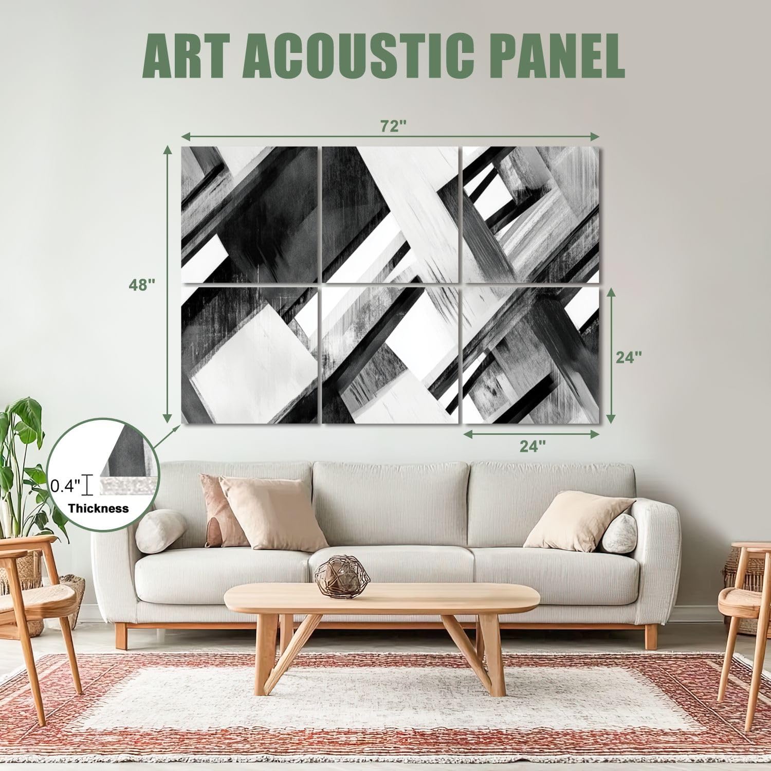 6 Pack Art Acoustic Panels Sound Absorbing Modern Geometric Grey Overlapping Rectangles Black And White Tones Decorative Soundproof Wall Panels Self Adhesive for Recording Studios Office 72