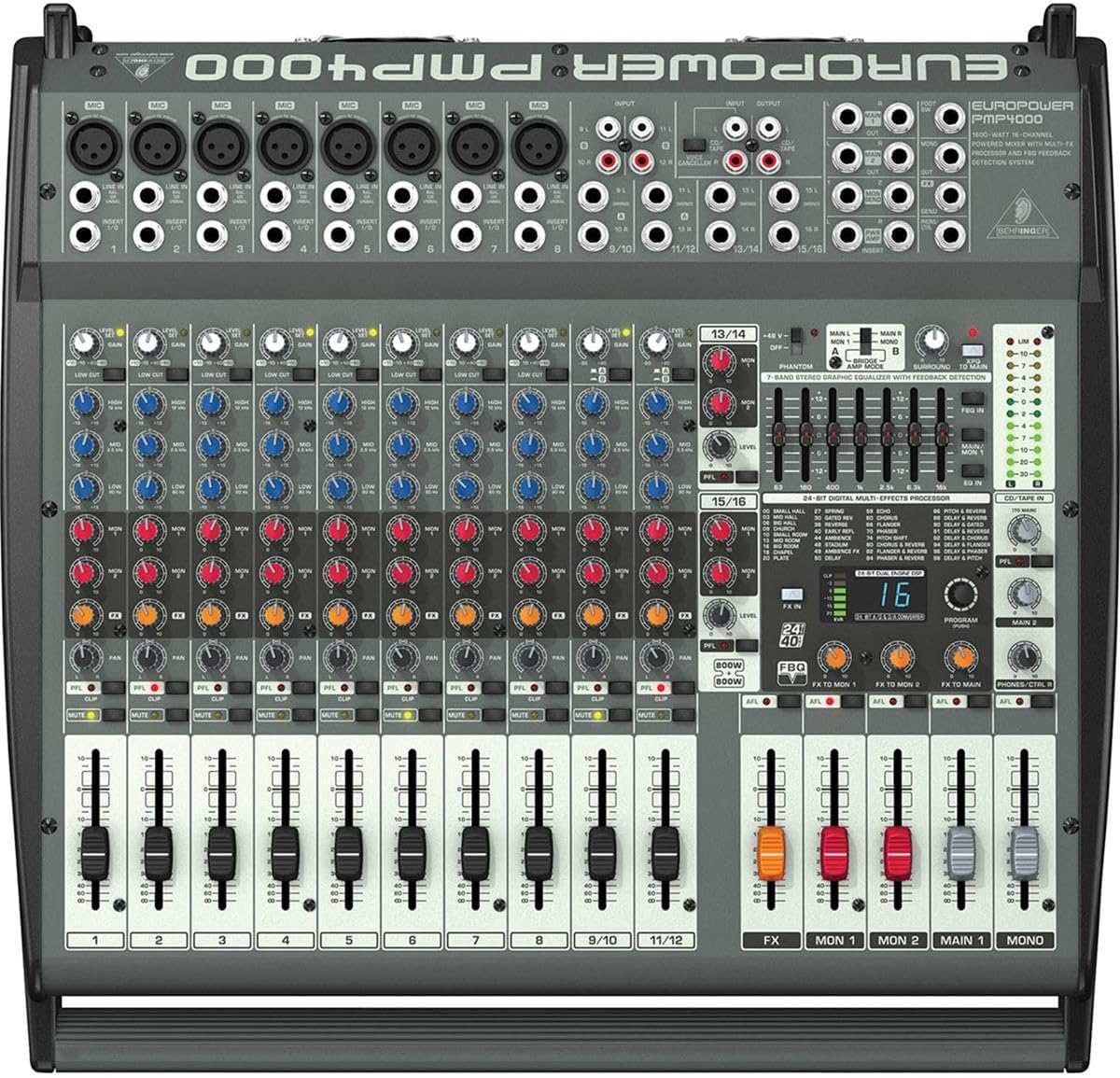 Europower PMP4000 1600-Watt 16-Channel Powered Mixer with Multi-FX Processor and FBQ Feedback Detection System with 3 Pack 25' XLR M to XLR F Cable