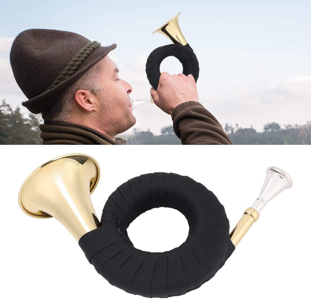 Brass Horn & Pocket Brass Bugle Horn Bb Key French Horn with Velvet Bag Tuning Bracket and Cleaning Cloth for Music Practice Travel Storage