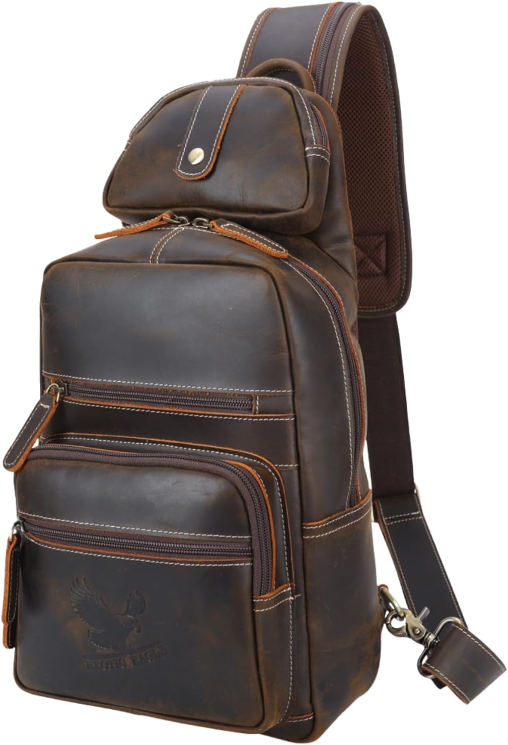 Modern Style Vintage Full Grain Leather Sling Bag Crossbody Chest Daypack, Long Lasting Zipper with Metal Teeth.