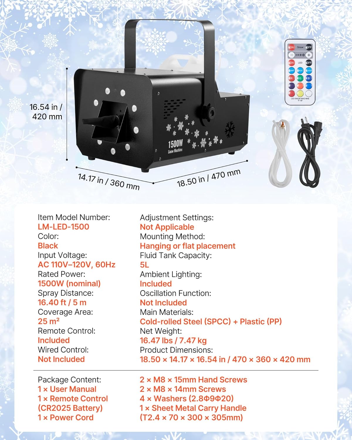 VEVOR 1500W Snow Machine with RGB DMX512 Signal Control, 9 LED Lights, Wireless Remote, High Output Snowflake Machine with 5L Tank, Portable DJ Stage Snow Maker for Christmas Parties Stage Effects