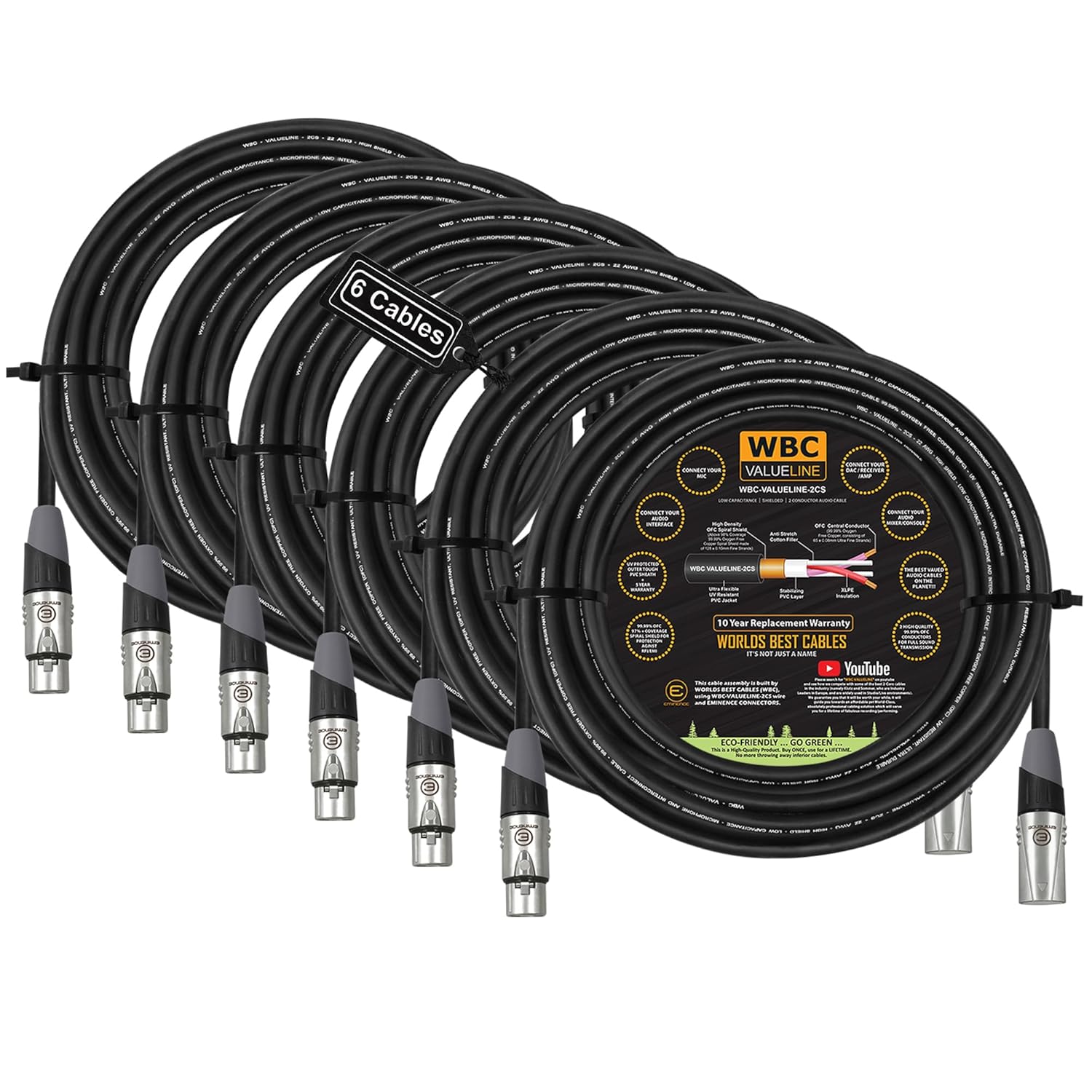 WBC-VALUELINE-2CS (22 AWG) - 6 Units - 25 Foot–Low-Capacitance Shielded Balanced Flexible Microphone, Active-Speaker & Interconnect Cables with Eminence Gold XLR Connectors