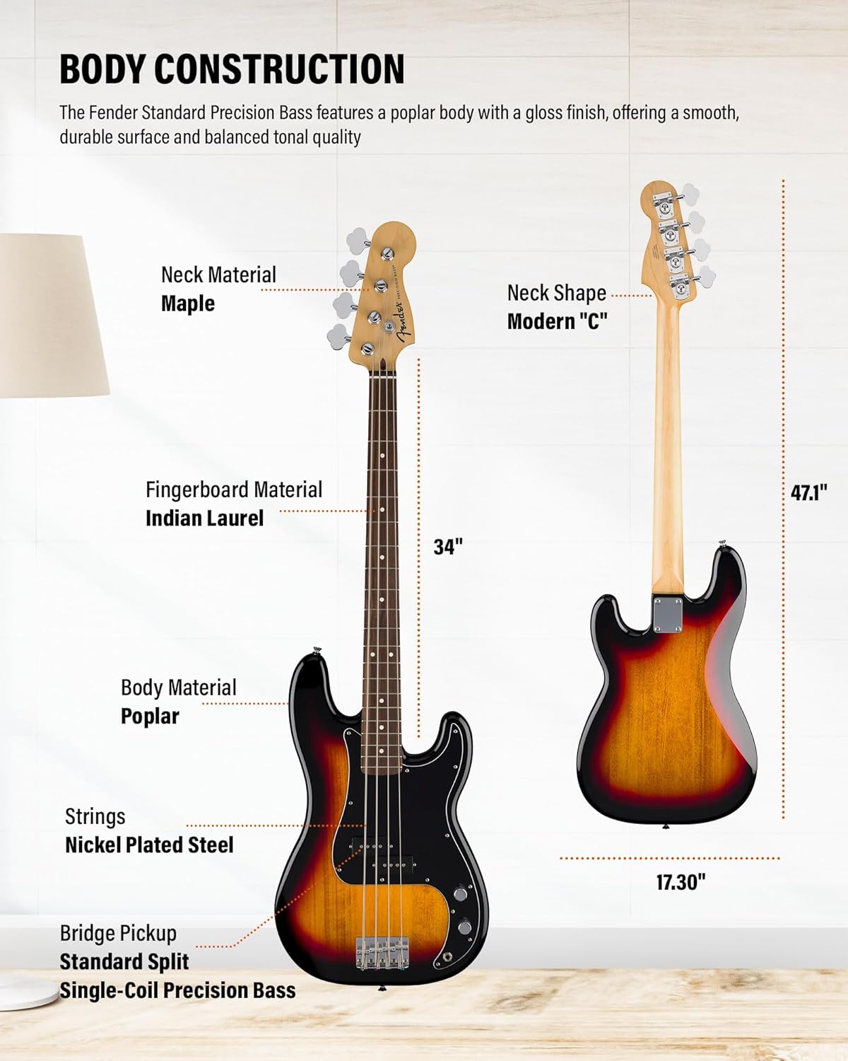 Fender Standard Precision Bass - 3-Color Sunburst Bundle with Strap, Guitar Cleaning Kit, and Austin Bazaar Instructional Video