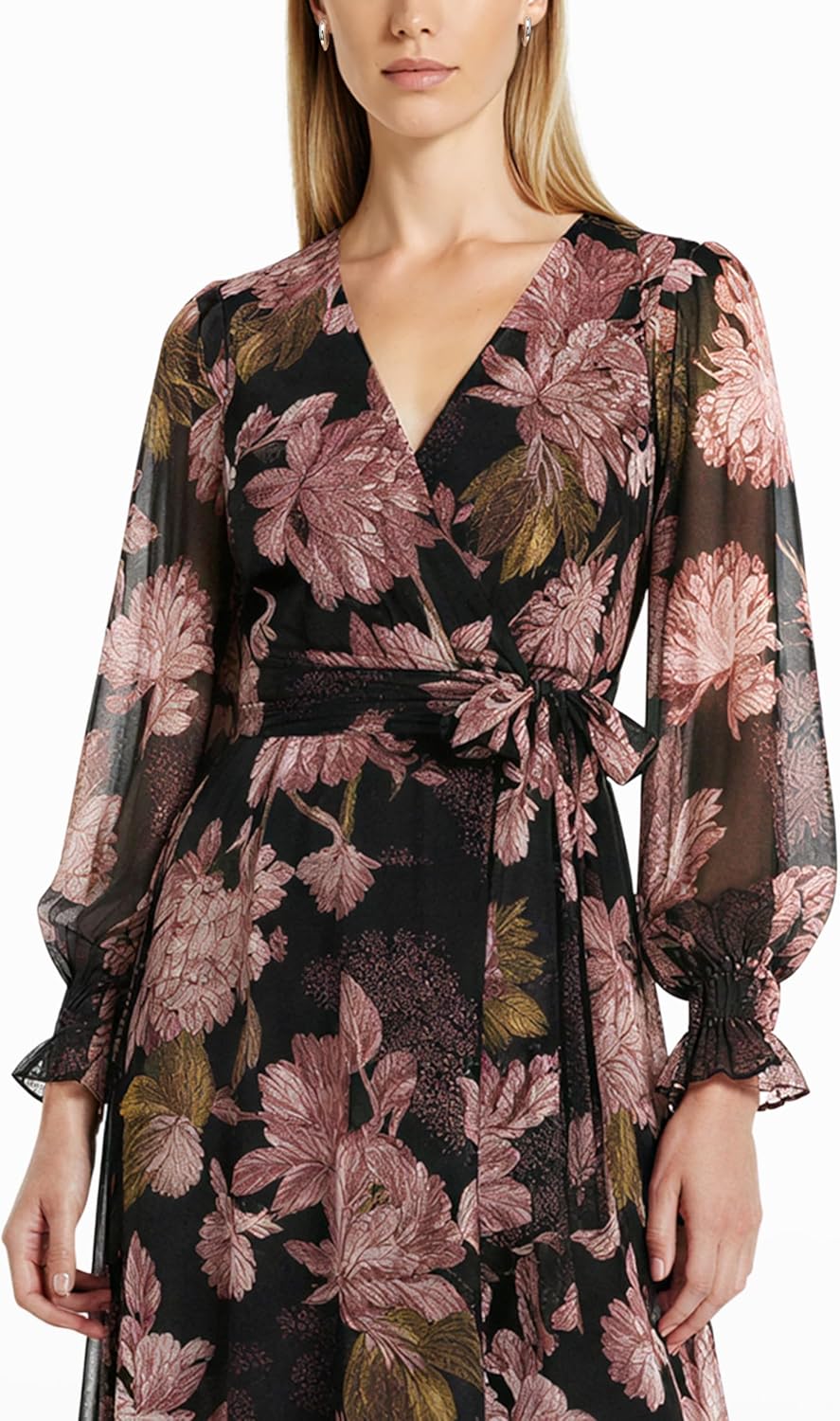 Anne Klein Womens Long Sleeve Printed Faux Wrap Maxi Dress