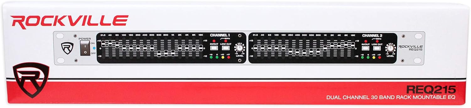Rockville REQ215 Dual 15 Band 1/3 Octave Graphic Equalizer, Subwoofer Output, Low-Cut Filter, XLR Connectivity, for Home Audio and Live Sound